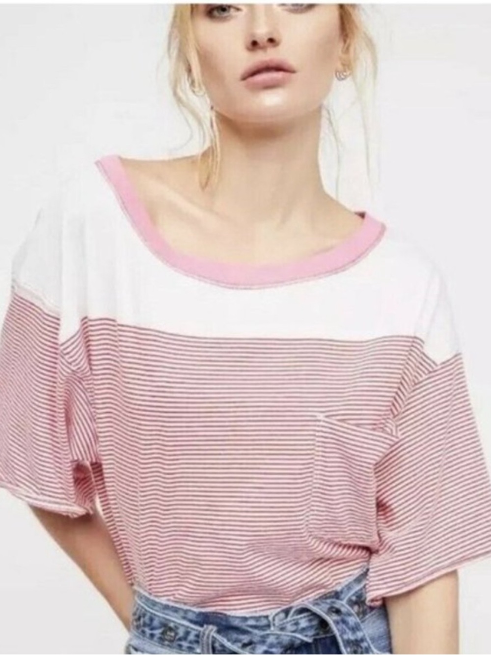 We The Free People Girl Crush Pink Red White Striped Cropped Tee Pima Cotton